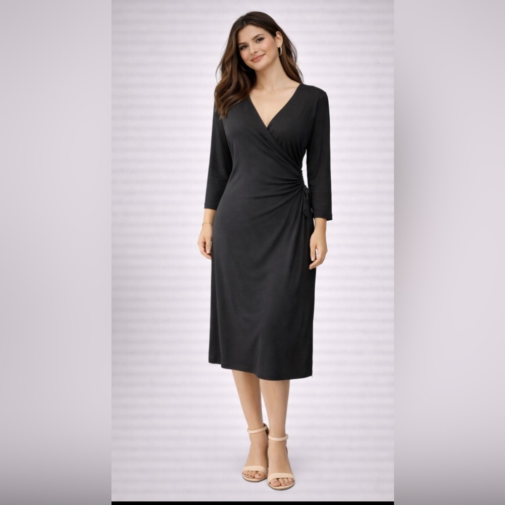 Talbots Dress Black 8 3/4 Long Sleeve Stretch Faux Wrap Midi Career NWT $138